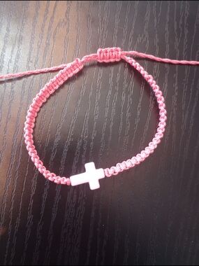Coral Pink Woven Adjustable Cross Bracelet